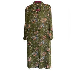 🎉C Wonder Green with Floral Print Button Down Gauzy Duster/Cover-up Dress…